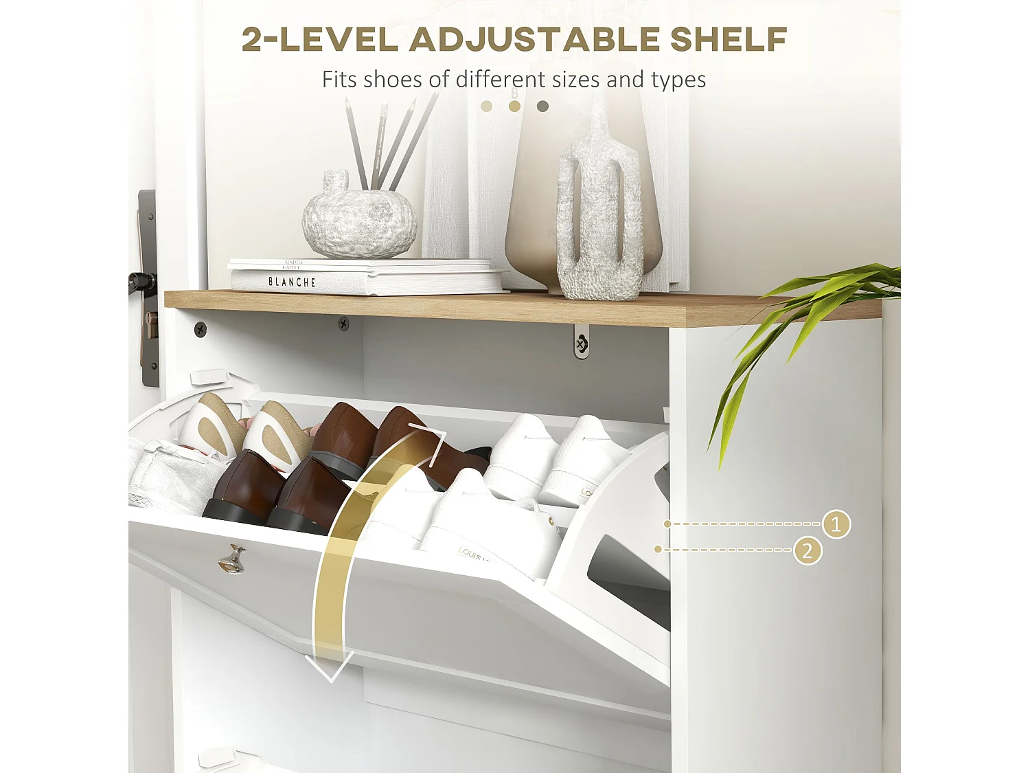 Lori White Shoe Cabinet with Natural Top 2 Flip Drawers Slim 23.5cm Depth