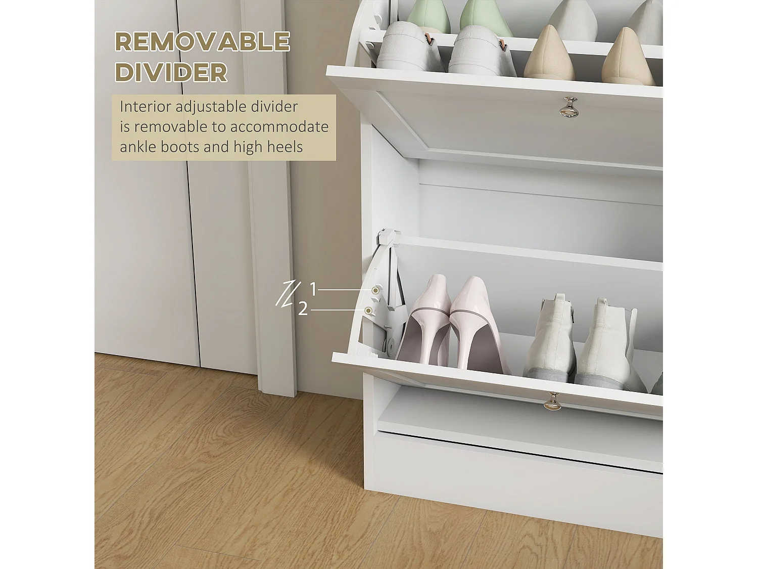 Lori White Shoe Cabinet with Natural Top 2 Flip Drawers Slim 23.5cm Depth