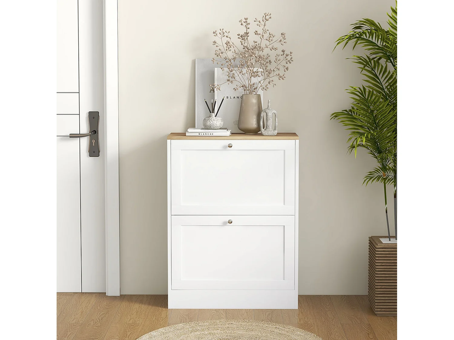 Lori White Shoe Cabinet with Natural Top 2 Flip Drawers Slim 23.5cm Depth
