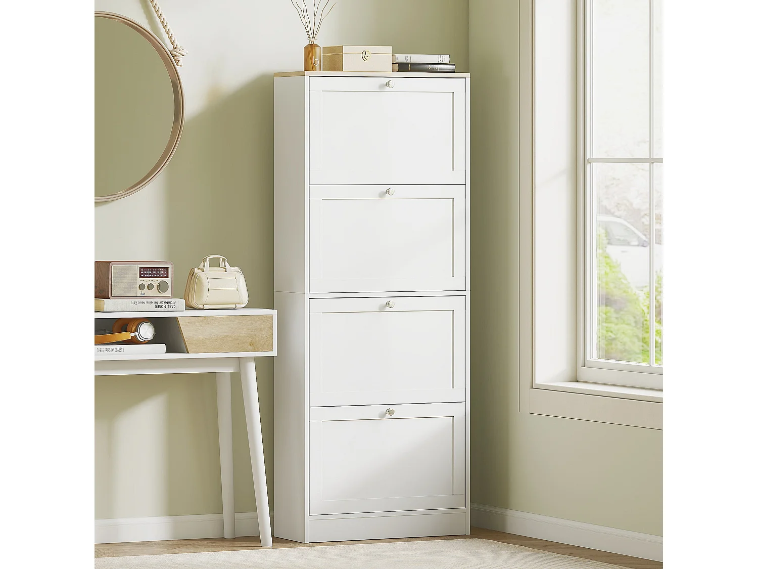 Fiyofa White 4 Drawer Slim Shoe Cabinet Melamine Coated Particleboard