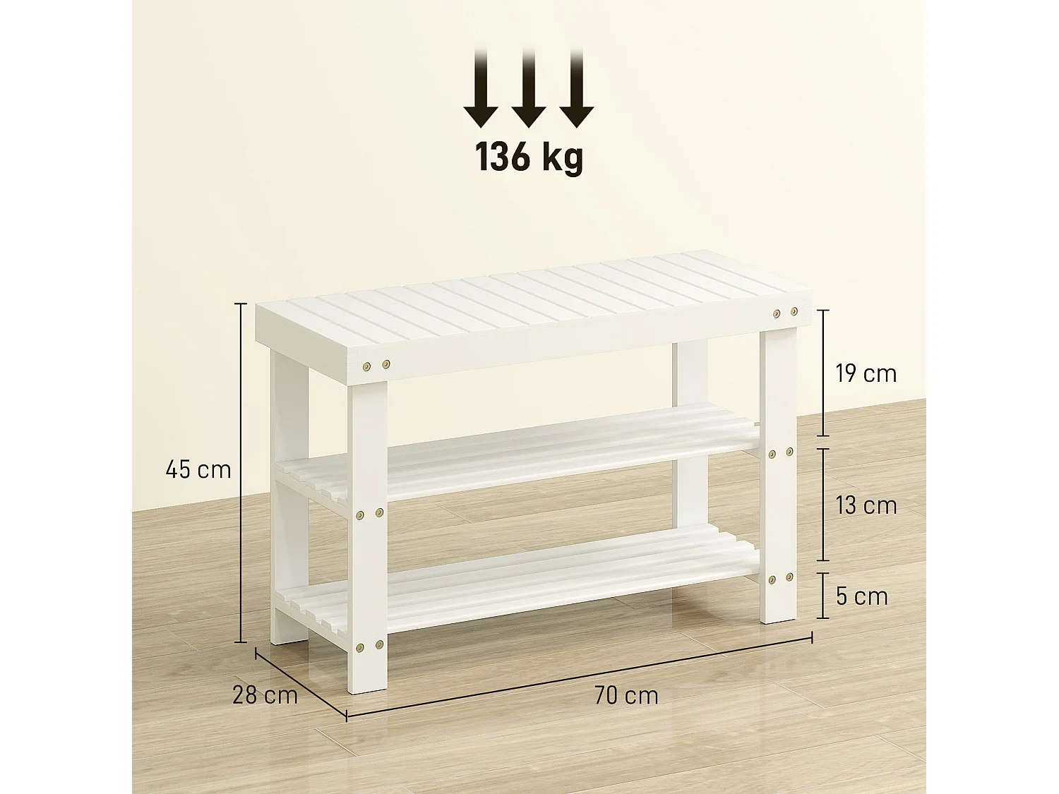 Riyo White Bamboo 2 Tier Shoe Storage Bench Compact Hallway Seat