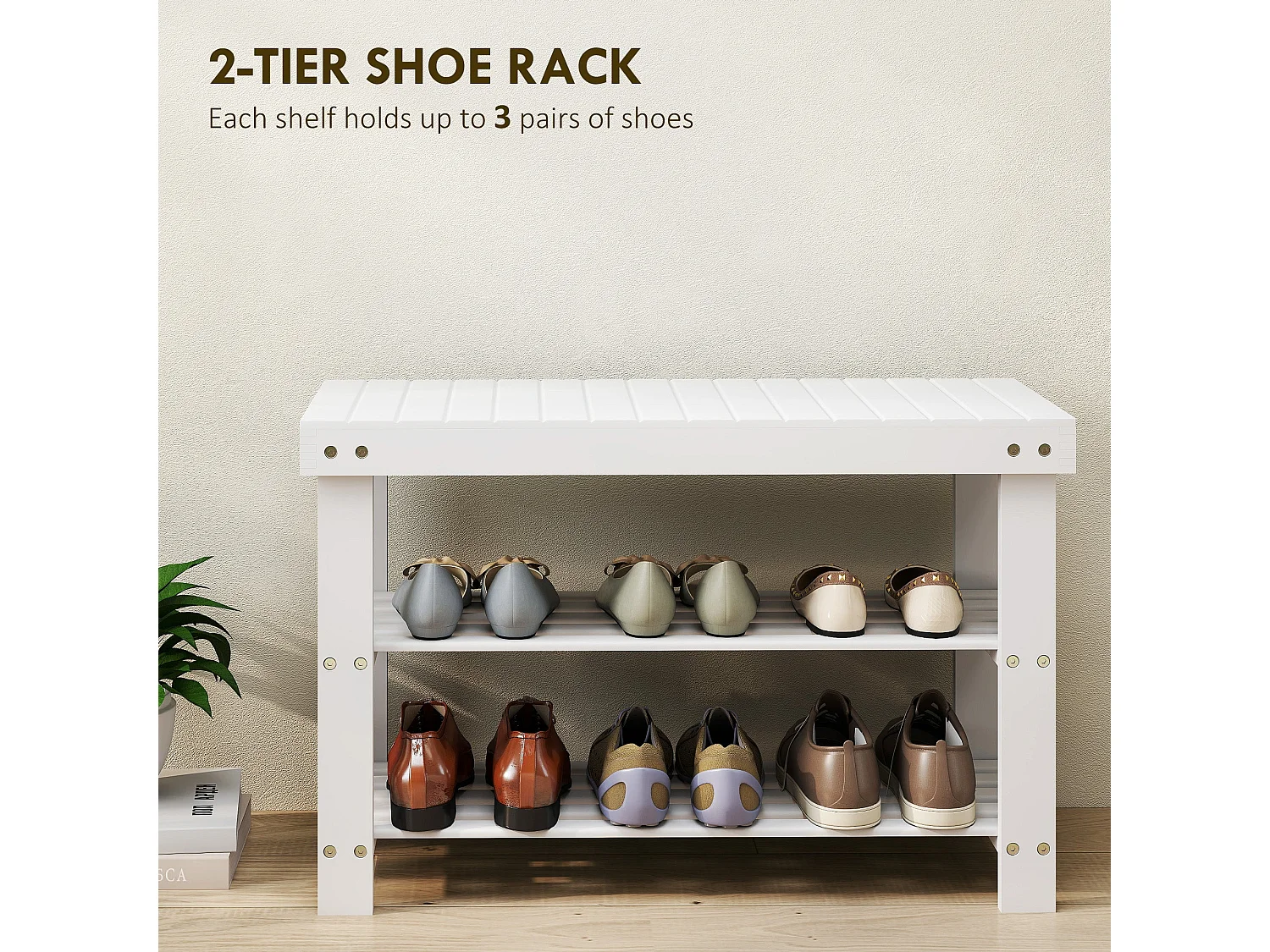 Riyo White Bamboo 2 Tier Shoe Storage Bench Compact Hallway Seat