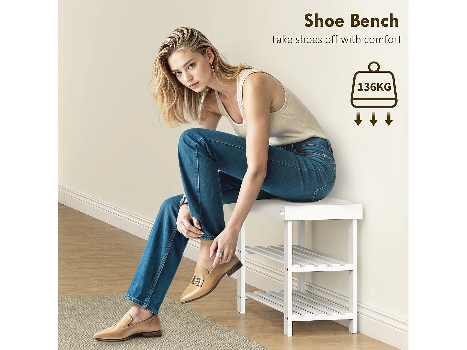 Riyo White Bamboo 2 Tier Shoe Storage Bench Compact Hallway Seat