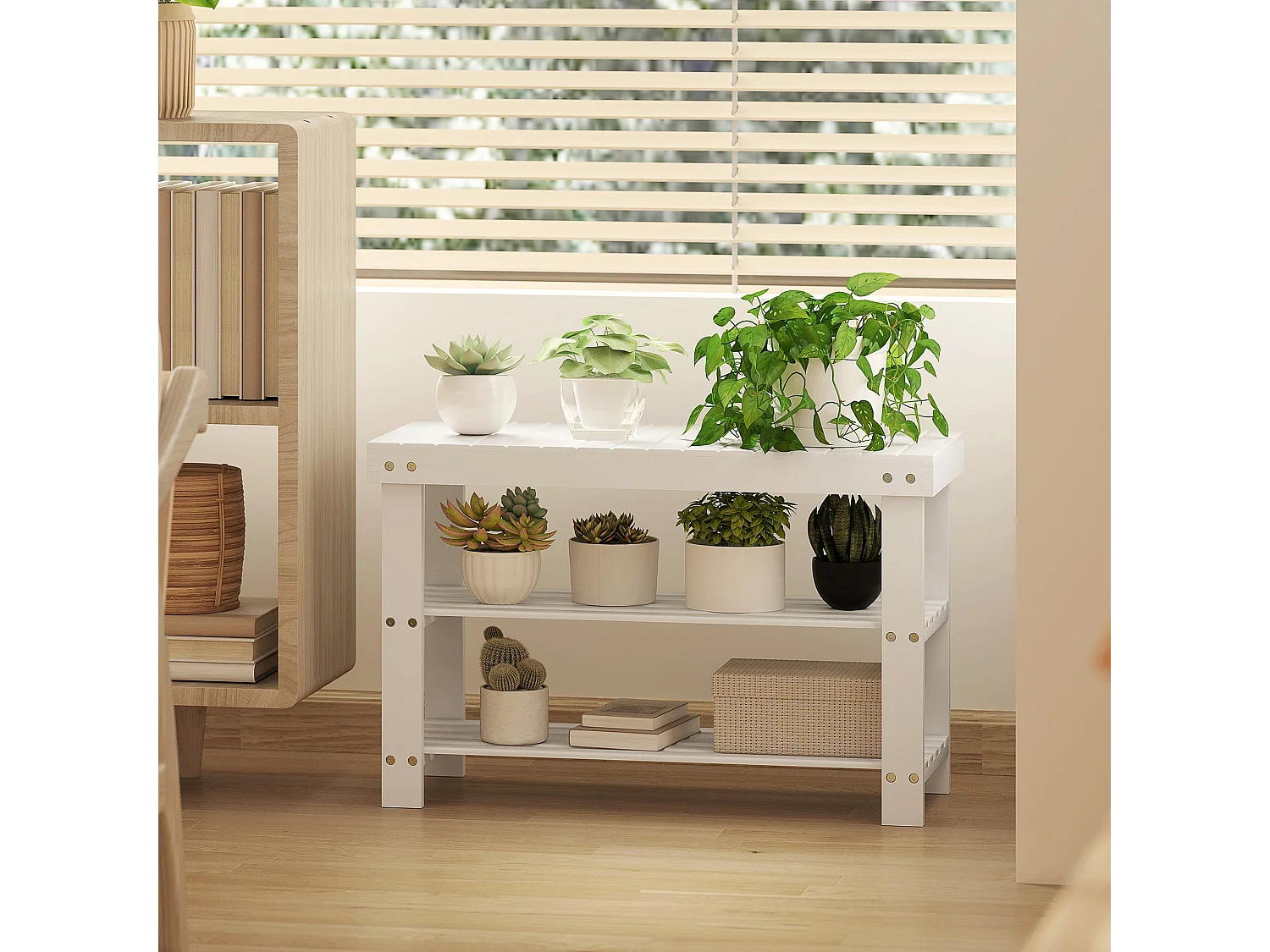 Riyo White Bamboo 2 Tier Shoe Storage Bench Compact Hallway Seat