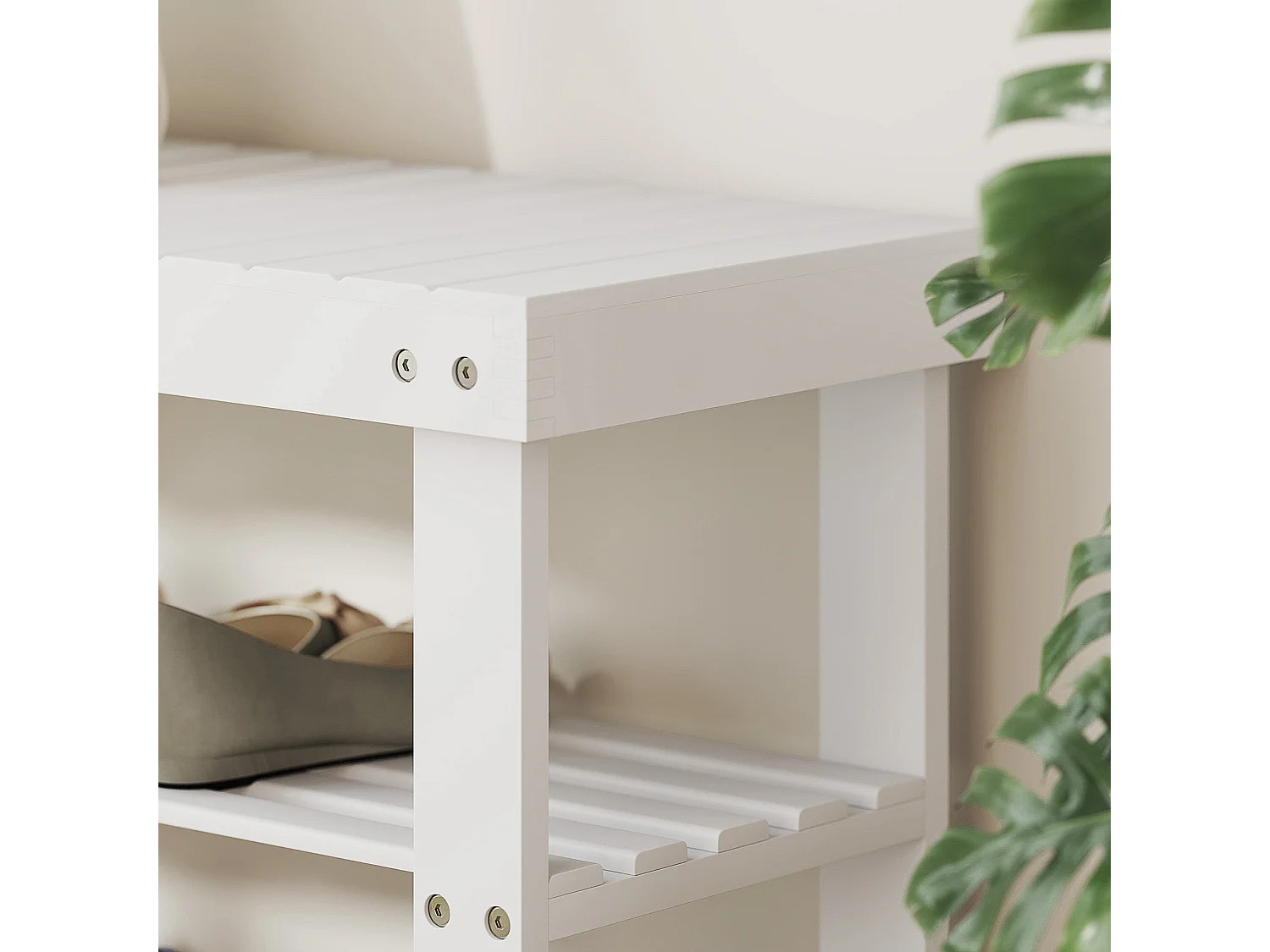 Riyo White Bamboo 2 Tier Shoe Storage Bench Compact Hallway Seat