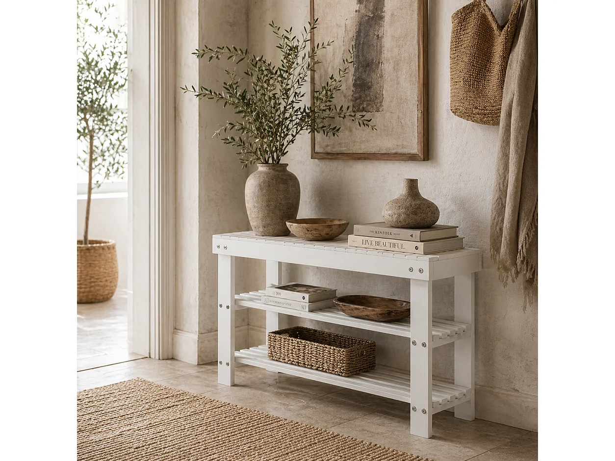 Riyo White Bamboo 2 Tier Shoe Storage Bench Compact Hallway Seat