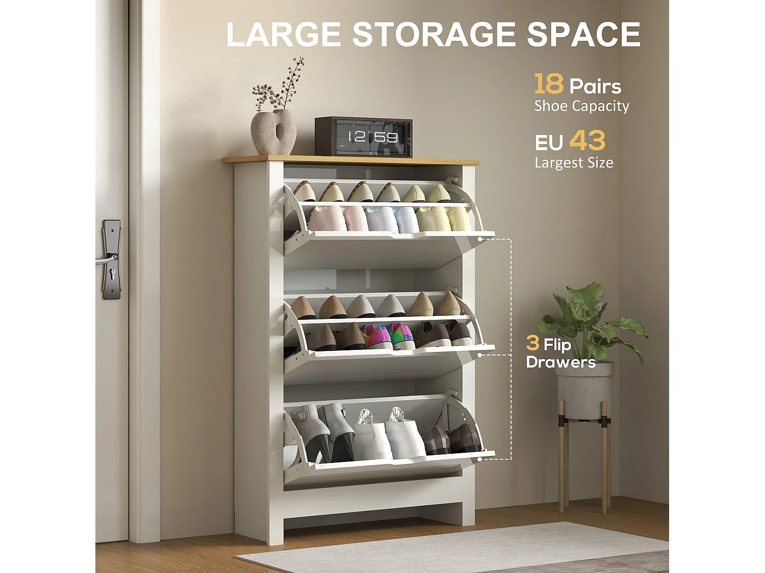 Dorane Lake High Gloss White Slim Shoe Cabinet 3 Flip Drawers