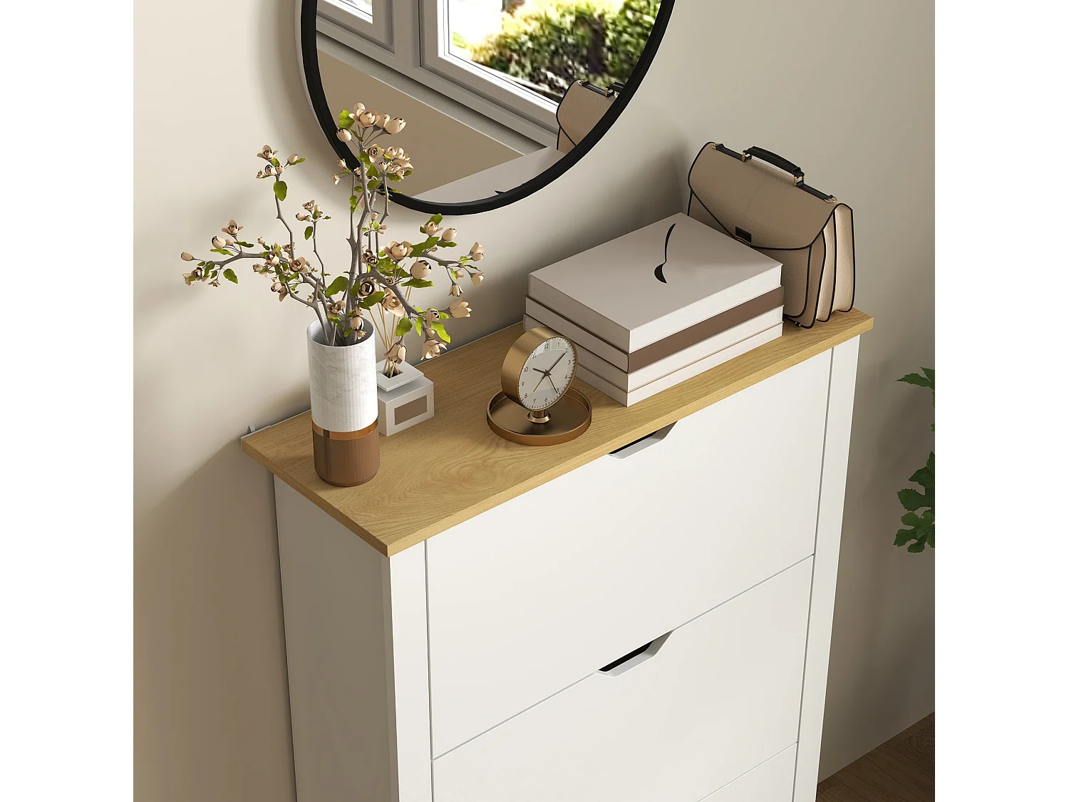 Dorane Lake High Gloss White Slim Shoe Cabinet 3 Flip Drawers