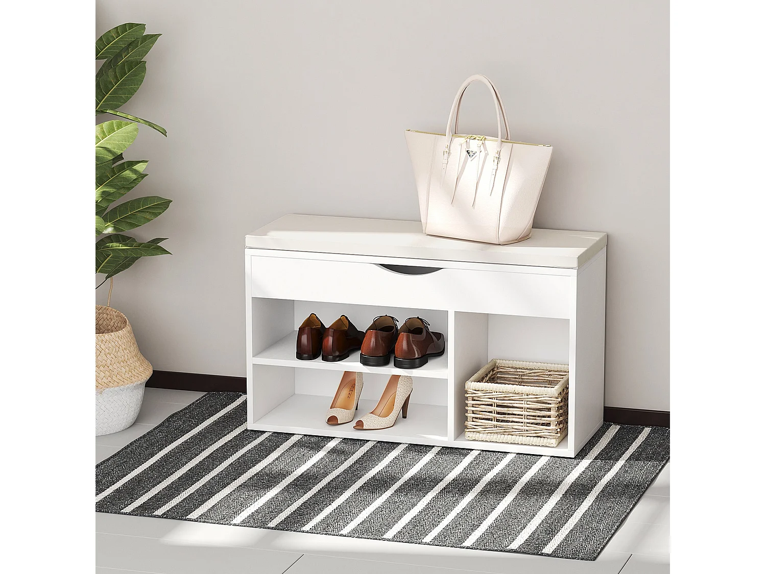 Sokari White Shoe Storage Bench with Padded Seat and Hidden Compartment