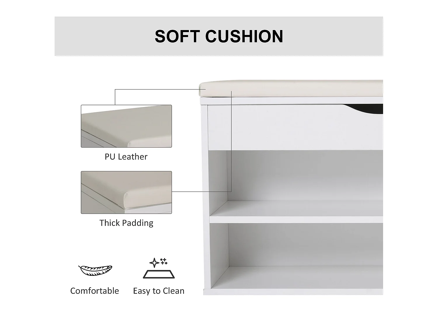 Sokari White Shoe Storage Bench with Padded Seat and Hidden Compartment