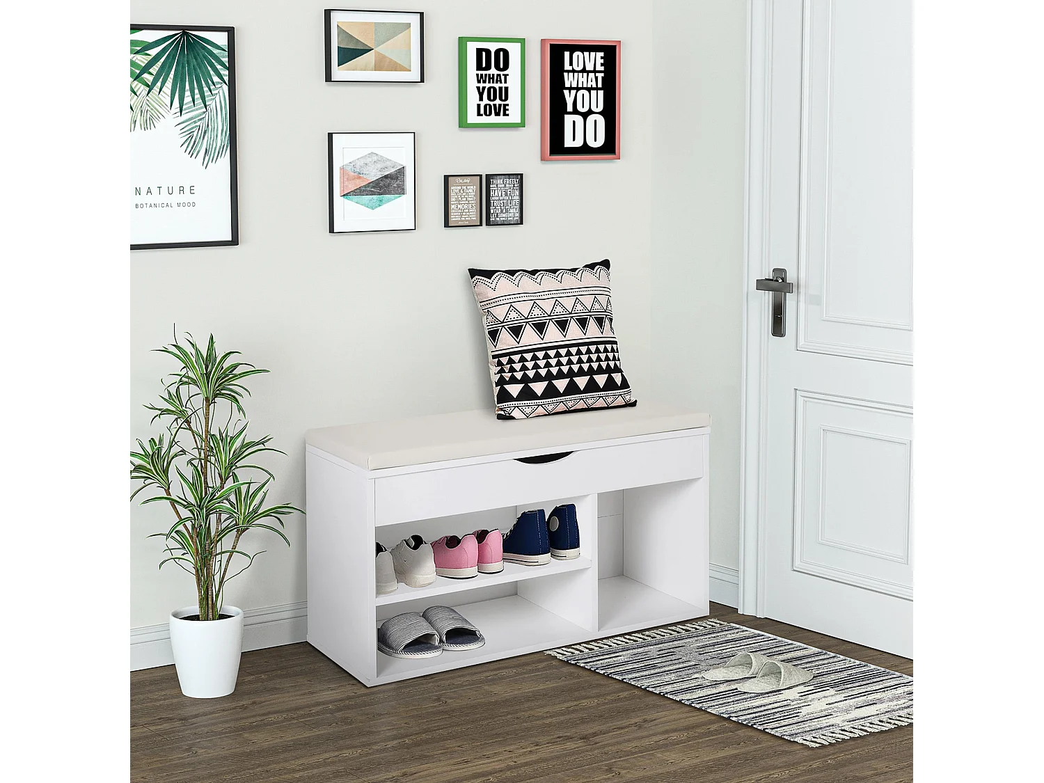 Sokari White Shoe Storage Bench with Padded Seat and Hidden Compartment