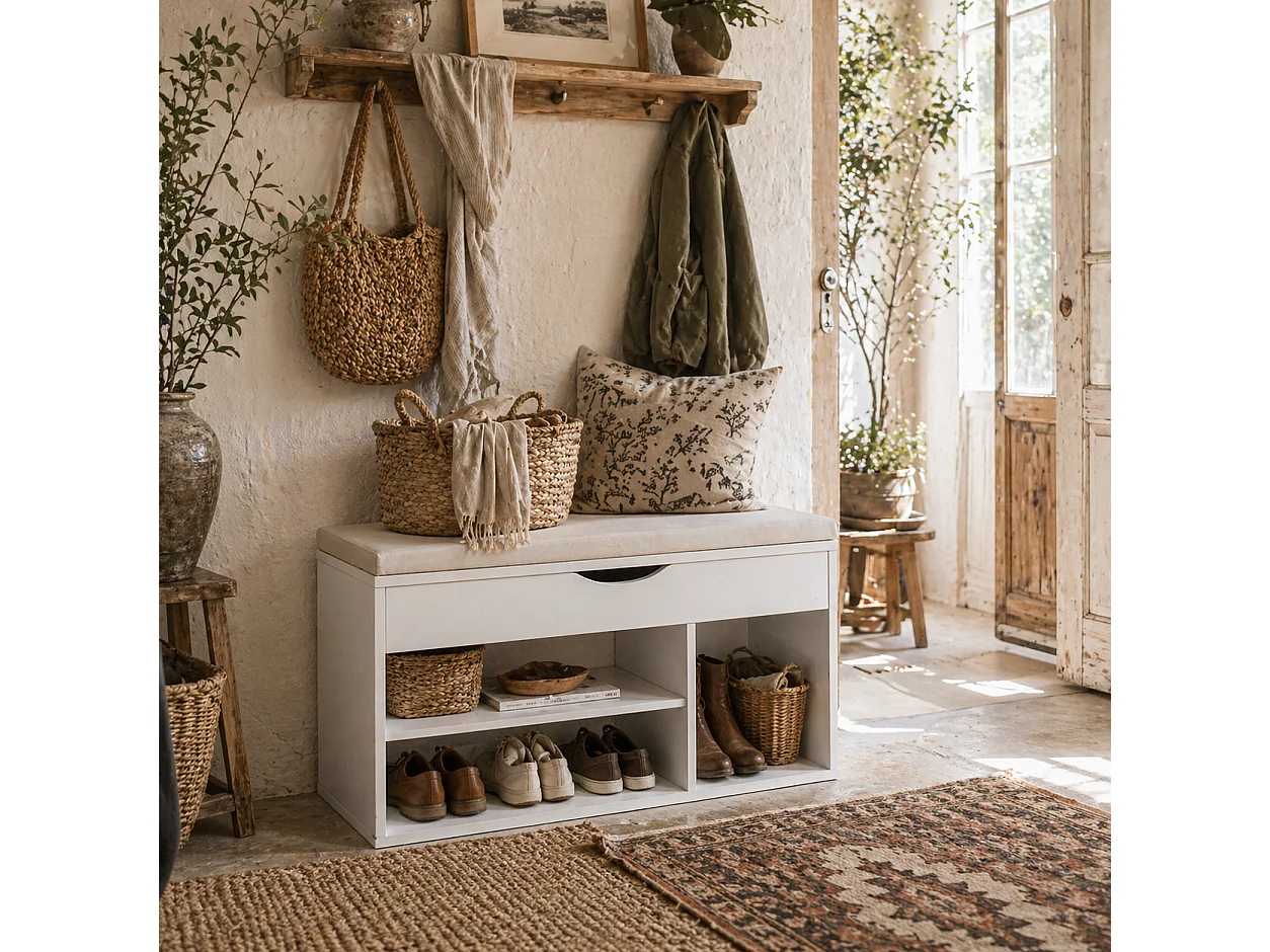 Sokari White Shoe Storage Bench with Padded Seat and Hidden Compartment