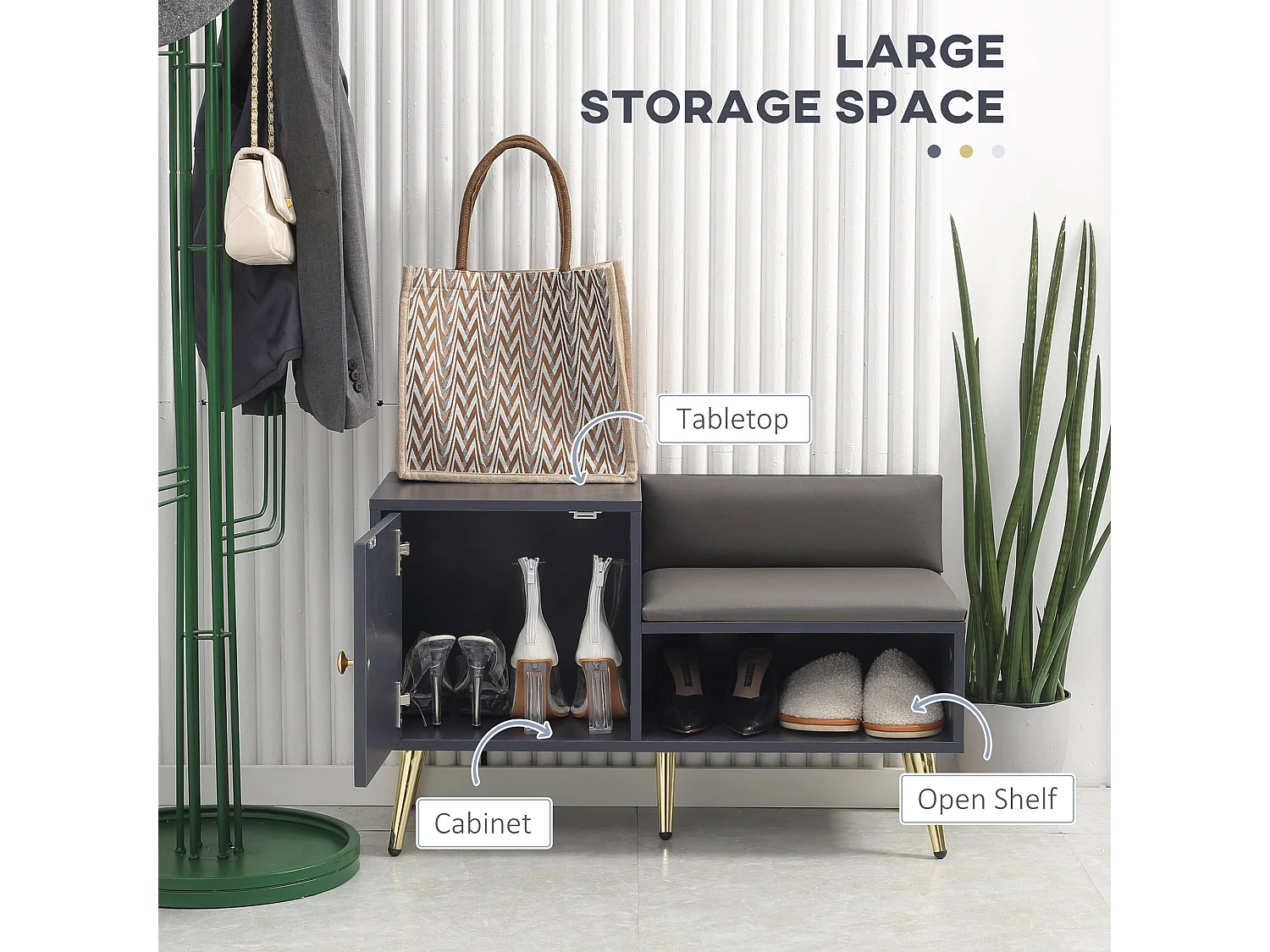 Roha Grey Shoe Storage Bench with Padded Seat and Side Cupboard