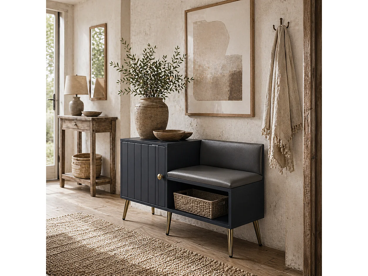 Roha Grey Shoe Storage Bench with Padded Seat and Side Cupboard