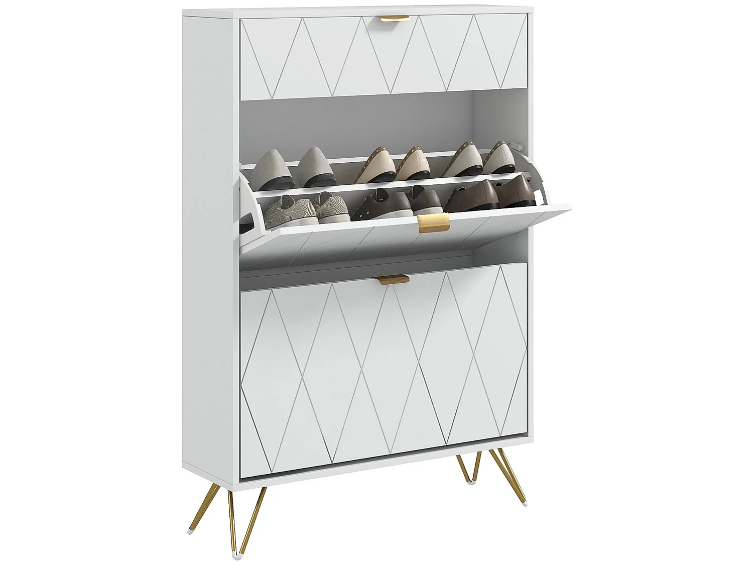 Molari Doha White Narrow Shoe Cabinet with 2 Flip Drawers and Top Drawer