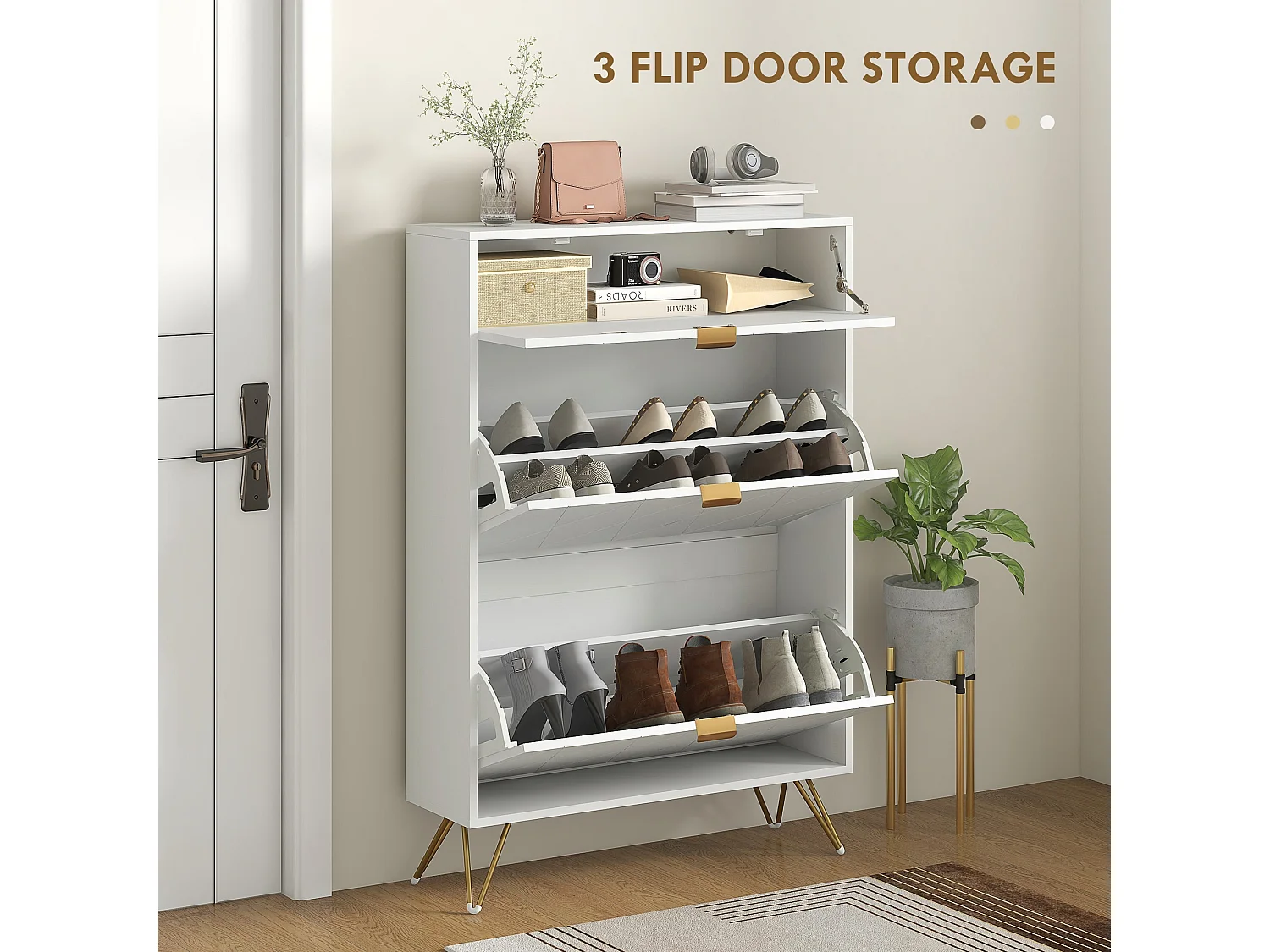 Molari Doha White Narrow Shoe Cabinet with 2 Flip Drawers and Top Drawer