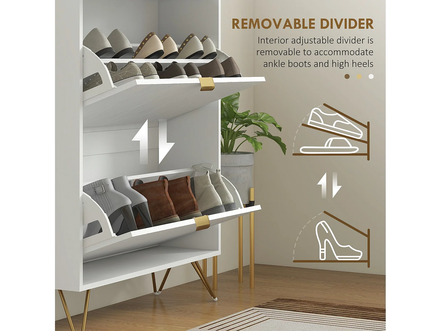 Molari Doha White Narrow Shoe Cabinet with 2 Flip Drawers and Top Drawer