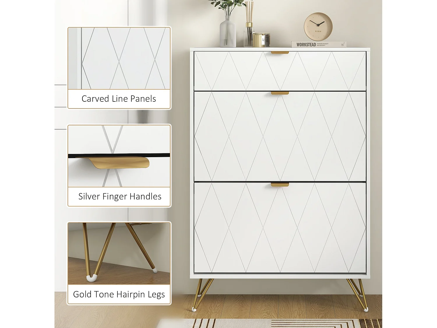 Molari Doha White Narrow Shoe Cabinet with 2 Flip Drawers and Top Drawer