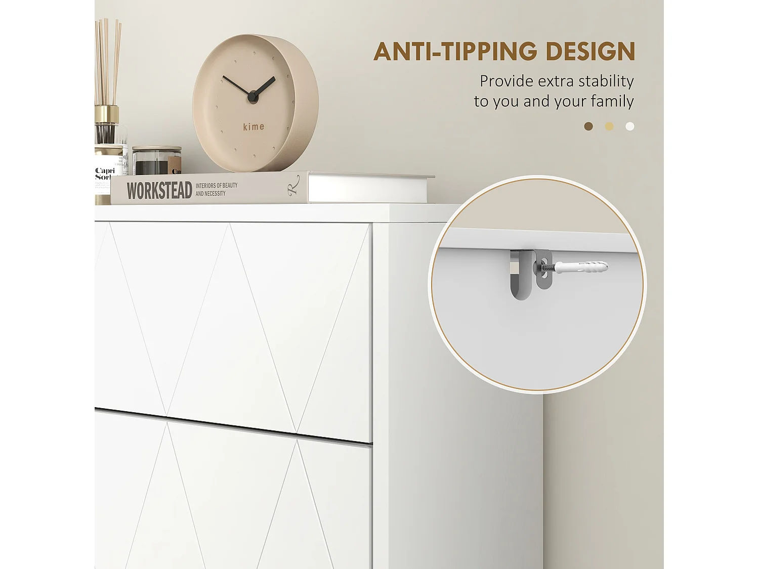 Molari Doha White Narrow Shoe Cabinet with 2 Flip Drawers and Top Drawer