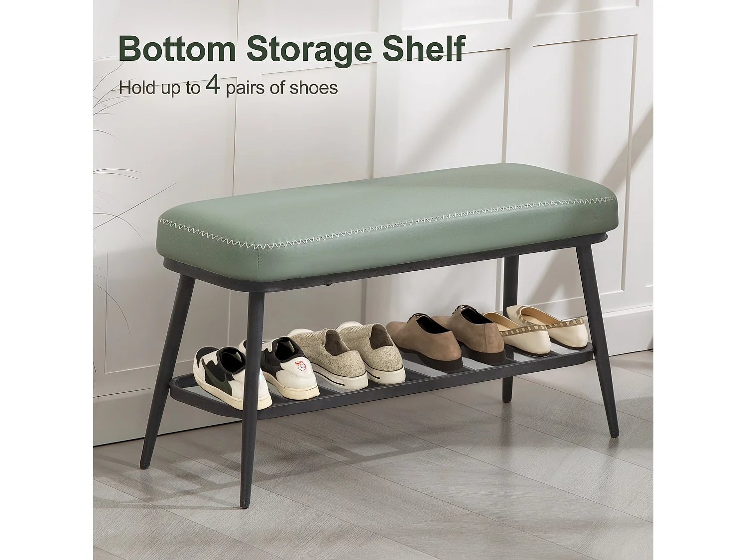 Nava Mint Green PU Leather Shoe Storage Bench with Cushioned Seat
