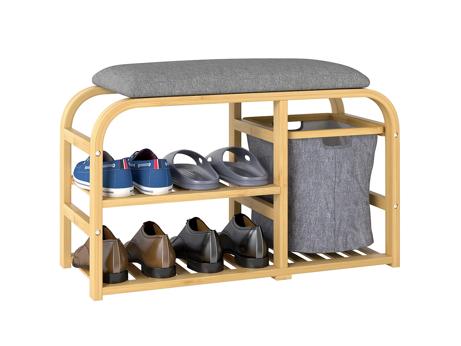 Mira Bamboo Shoe Bench with Grey Padded Seat Natural Finish