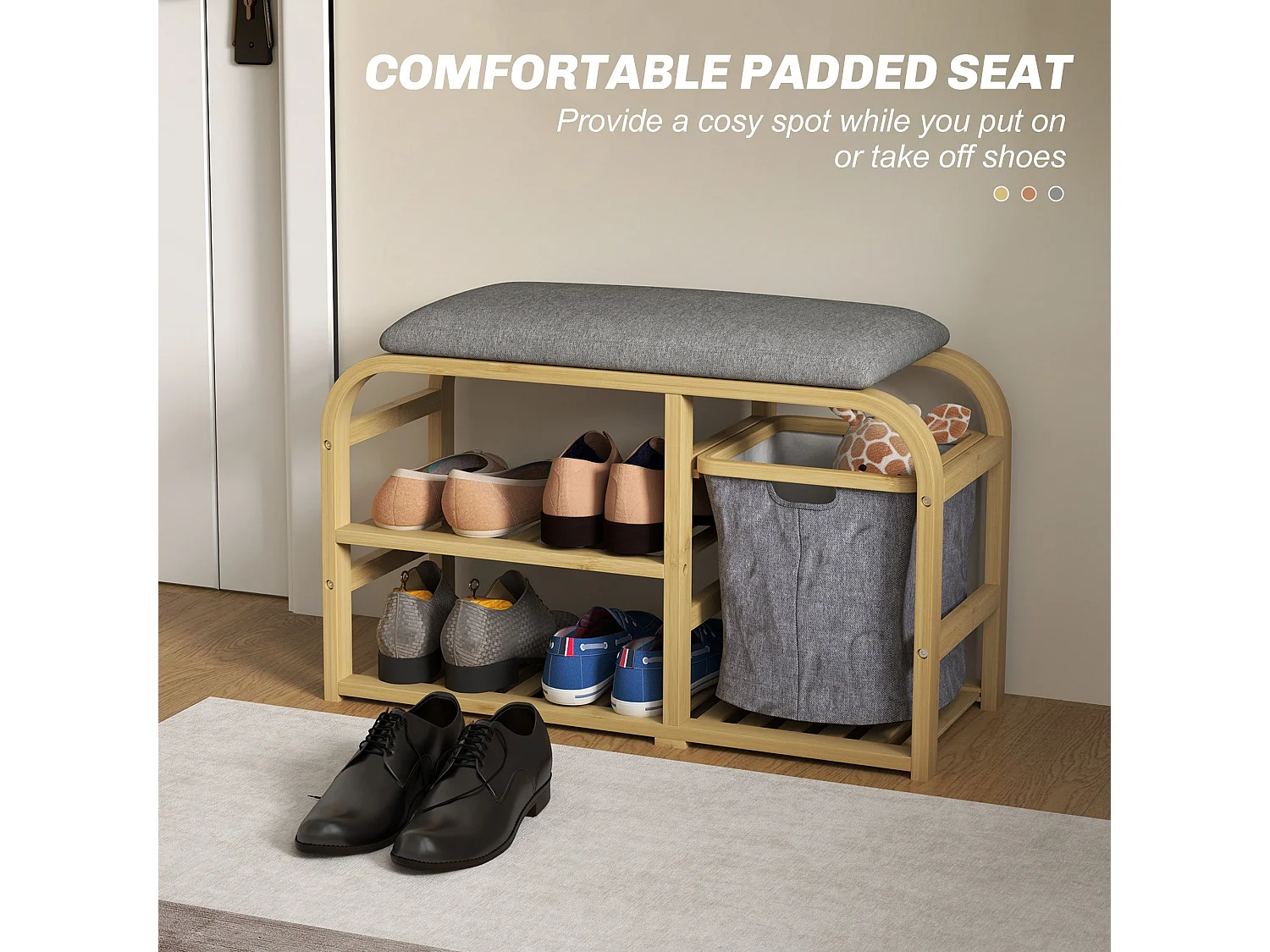 Mira Bamboo Shoe Bench with Grey Padded Seat Natural Finish