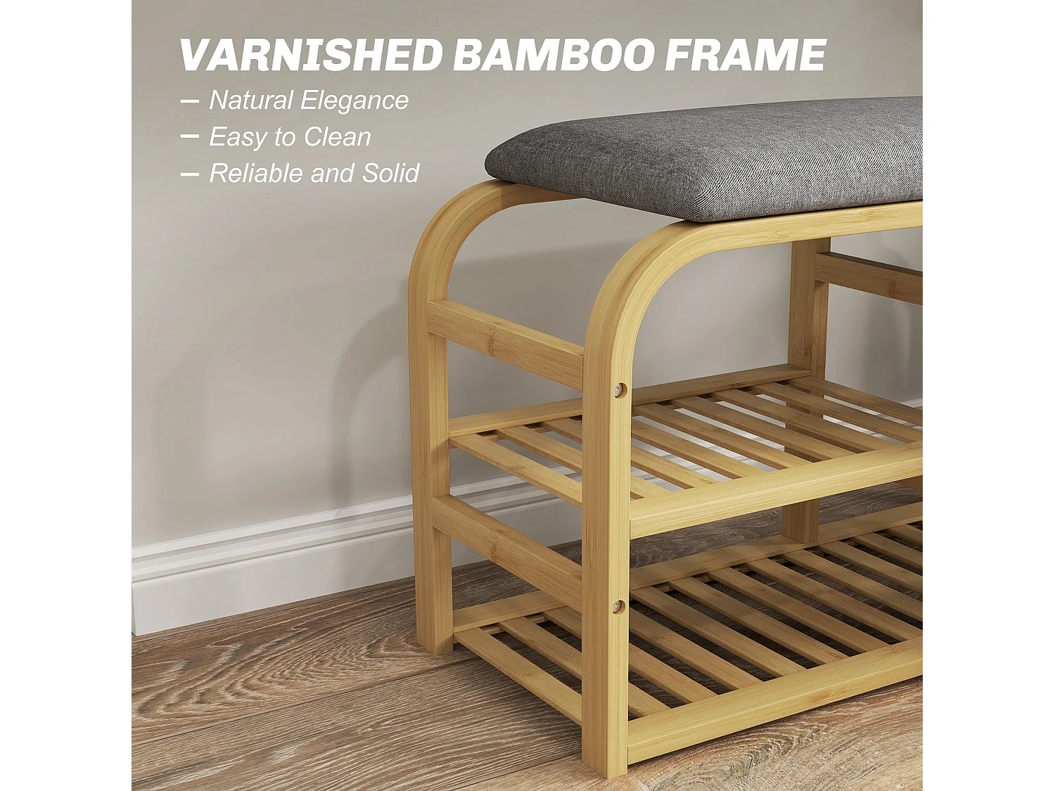 Mira Bamboo Shoe Bench with Grey Padded Seat Natural Finish