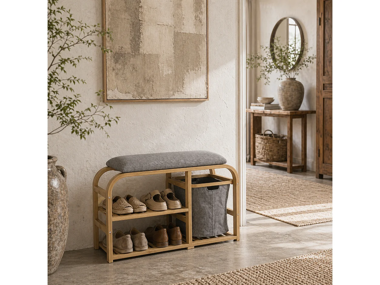 Mira Bamboo Shoe Bench with Grey Padded Seat Natural Finish