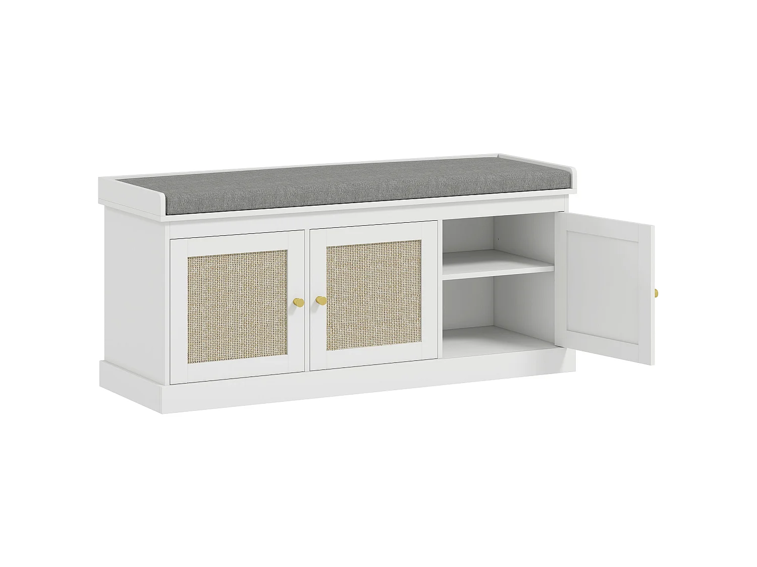 White Shoe Bench with 3 Woven Rattan Doors and Grey Padded Seat
