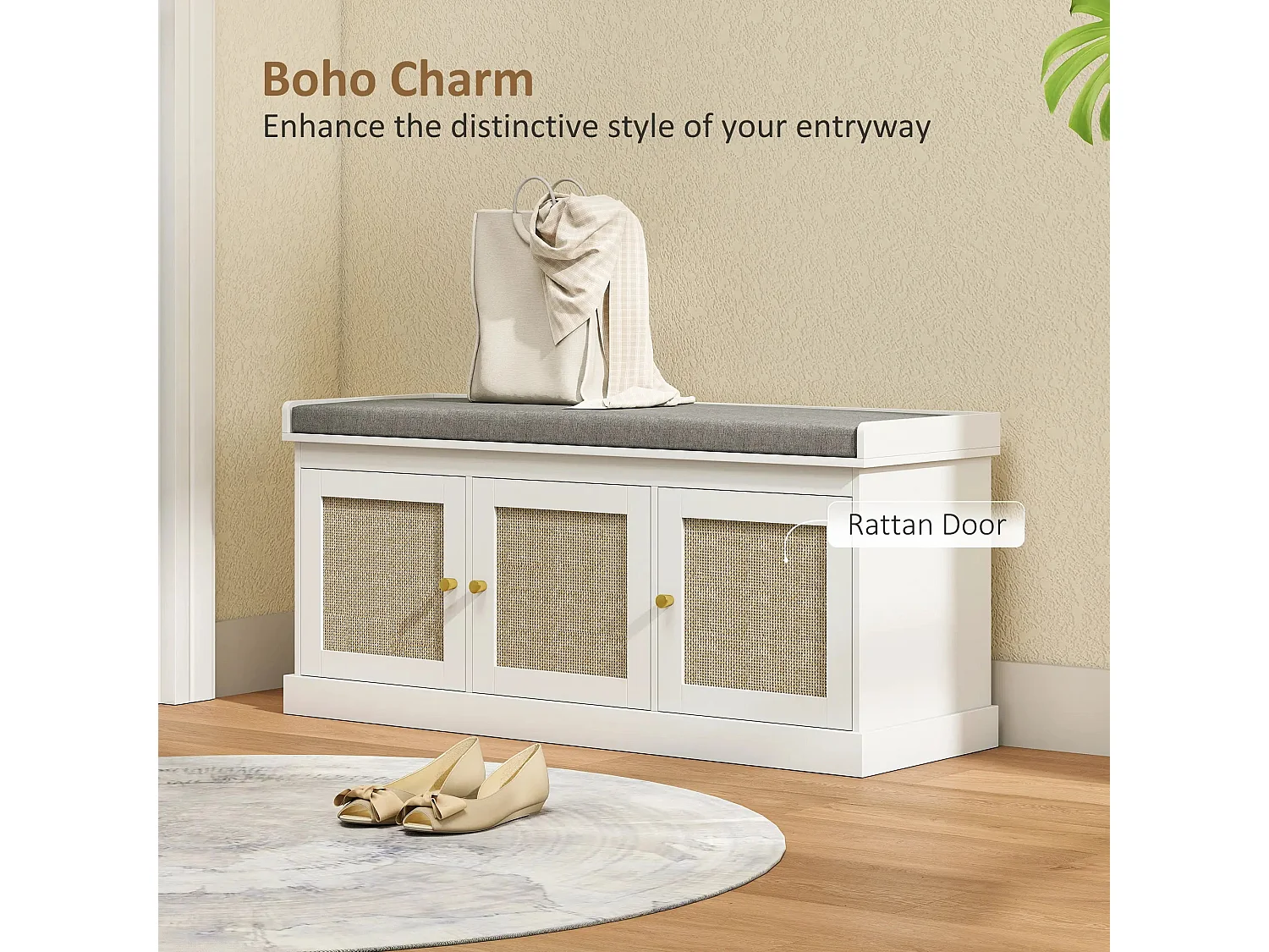 White Shoe Bench with 3 Woven Rattan Doors and Grey Padded Seat