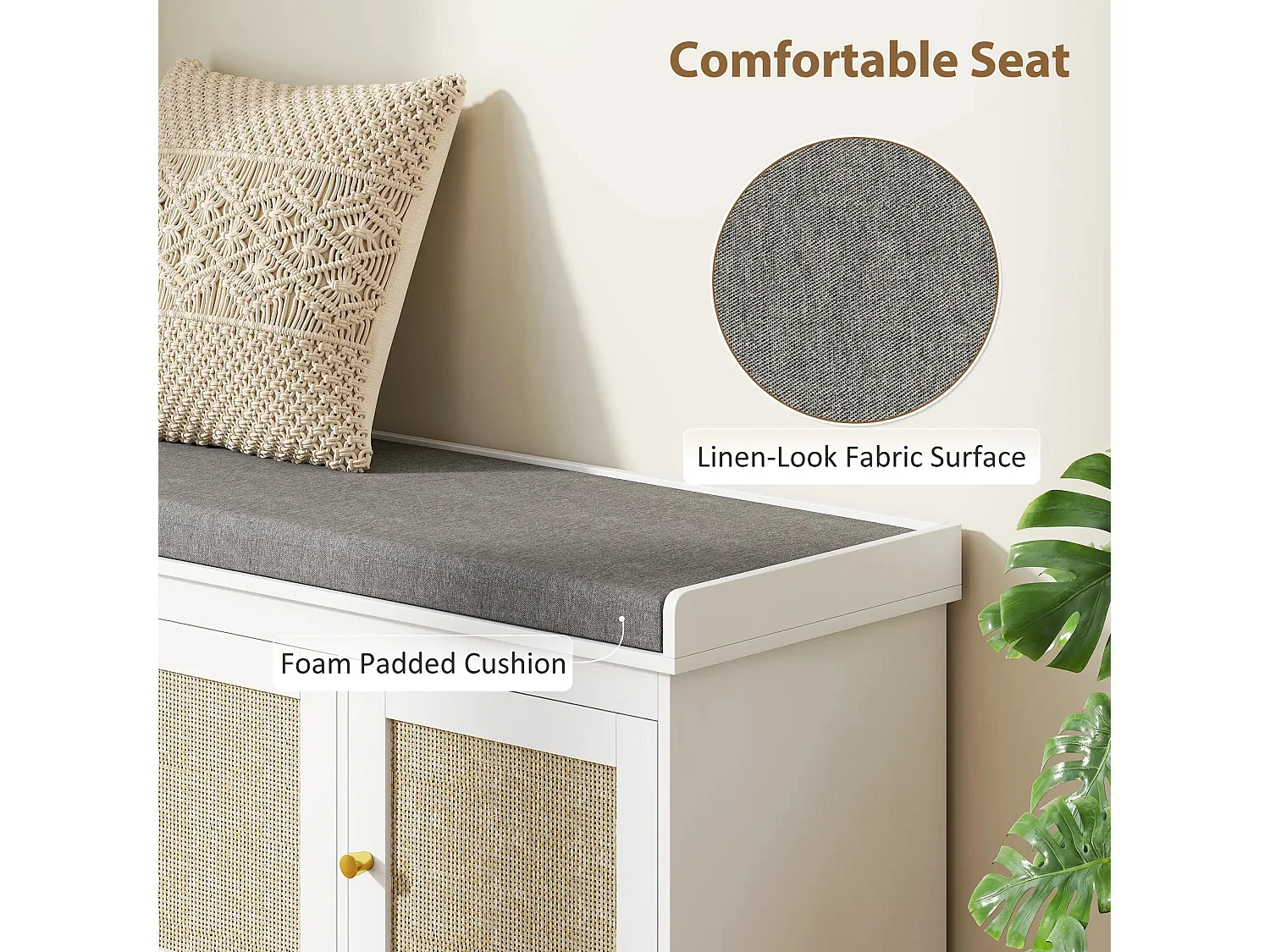 White Shoe Bench with 3 Woven Rattan Doors and Grey Padded Seat