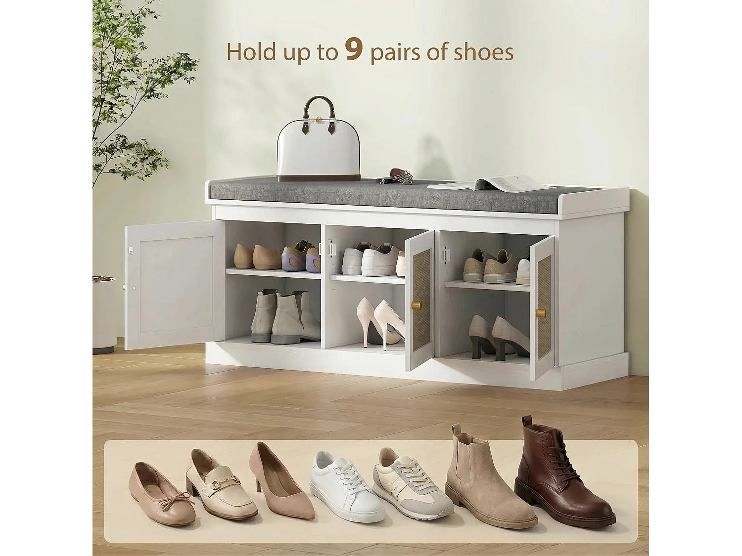 White Shoe Bench with 3 Woven Rattan Doors and Grey Padded Seat