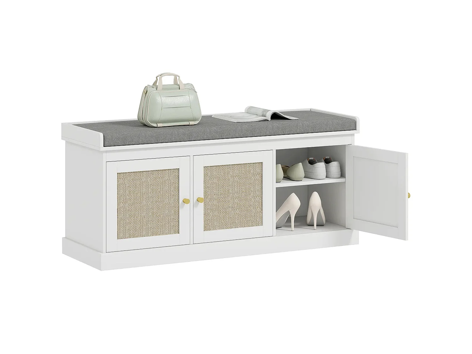 White Shoe Bench with 3 Woven Rattan Doors and Grey Padded Seat