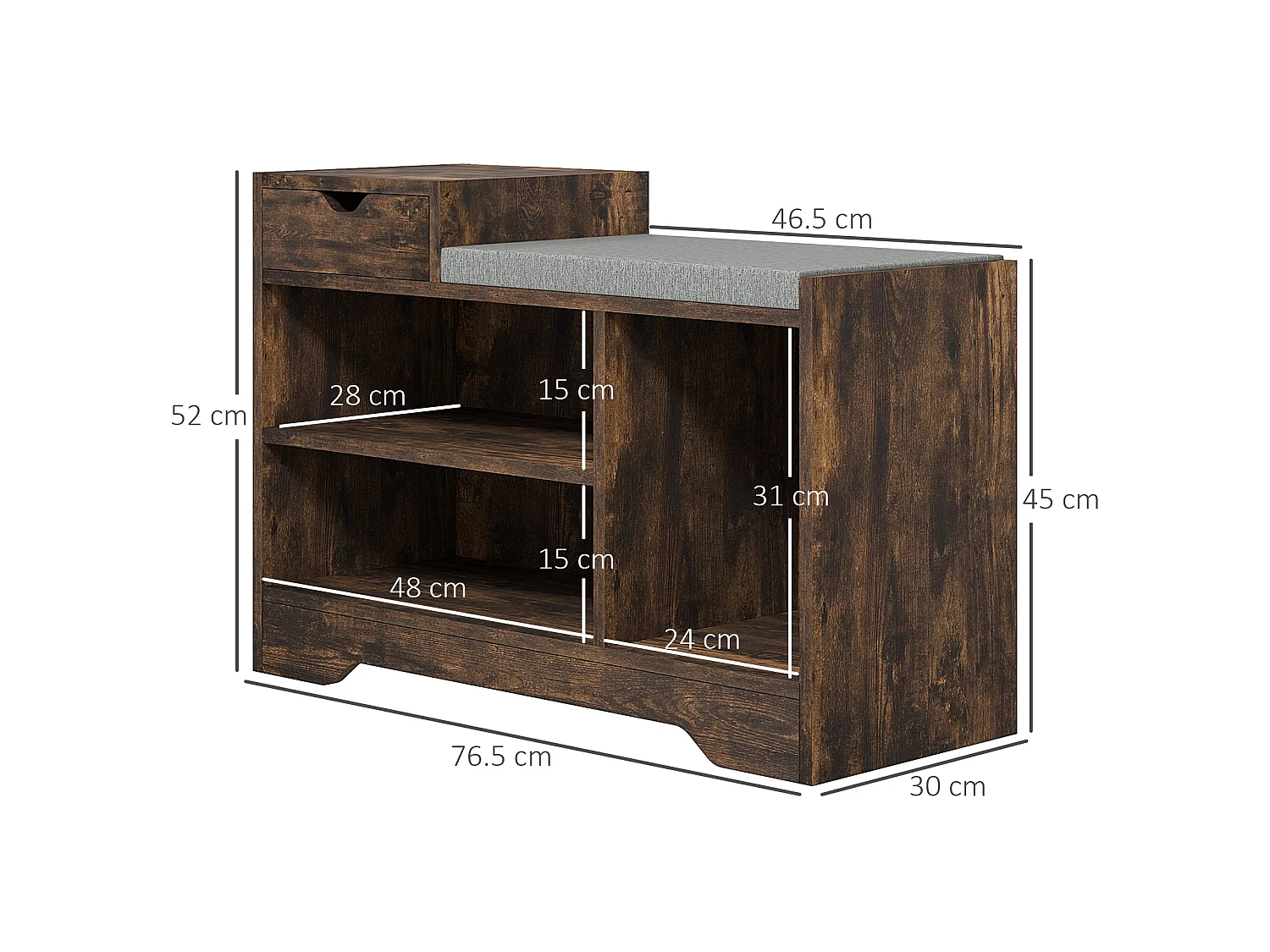 Nata Rustic Brown Shoe Bench with Grey Cushioned Seat