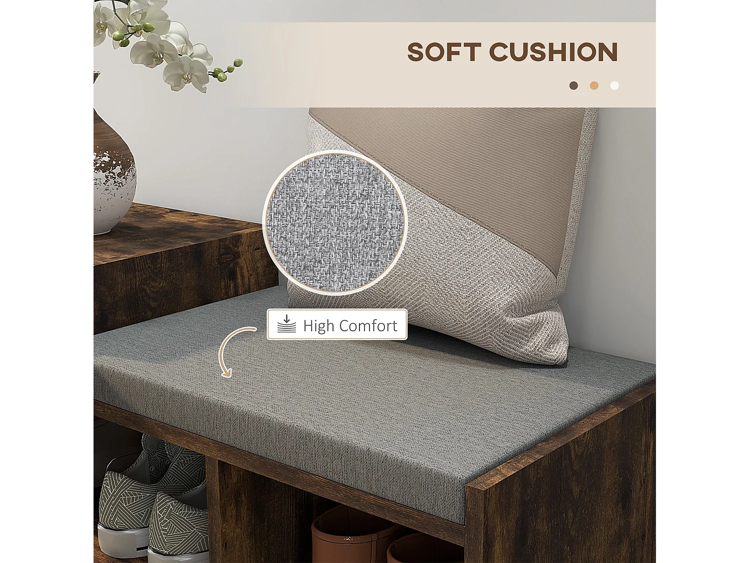 Nata Rustic Brown Shoe Bench with Grey Cushioned Seat