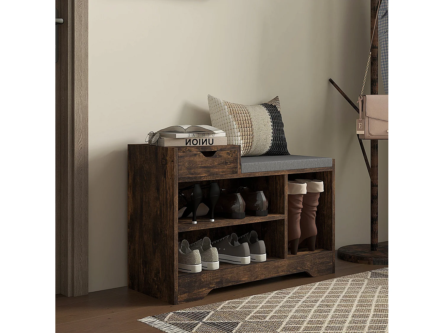 Nata Rustic Brown Shoe Bench with Grey Cushioned Seat