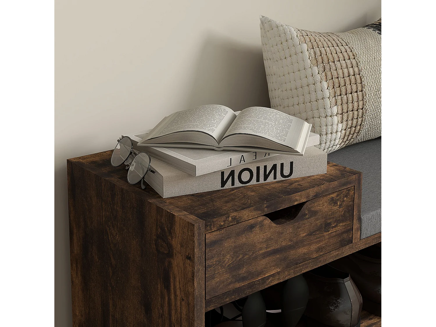 Nata Rustic Brown Shoe Bench with Grey Cushioned Seat