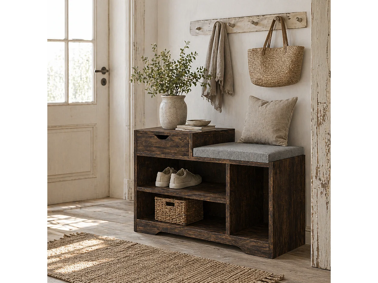 Nata Rustic Brown Shoe Bench with Grey Cushioned Seat