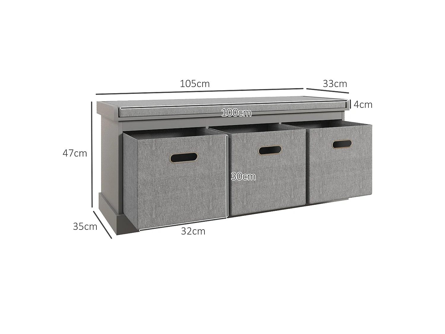 Marari 3 Drawer Grey Shoe Storage Bench with Padded Seat