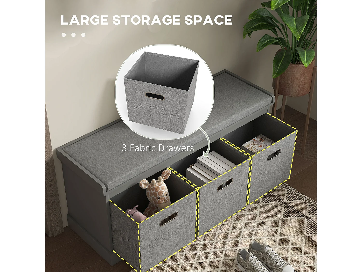 Marari 3 Drawer Grey Shoe Storage Bench with Padded Seat
