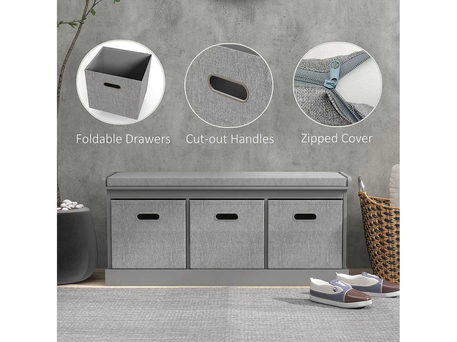 Marari 3 Drawer Grey Shoe Storage Bench with Padded Seat