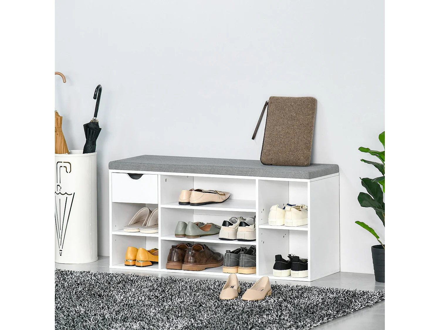 Yoke White Shoe Bench Padded Seat 1 Drawer 7 Compartments