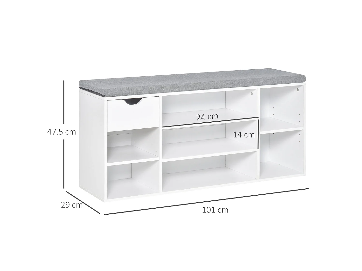 Yoke White Shoe Bench Padded Seat 1 Drawer 7 Compartments