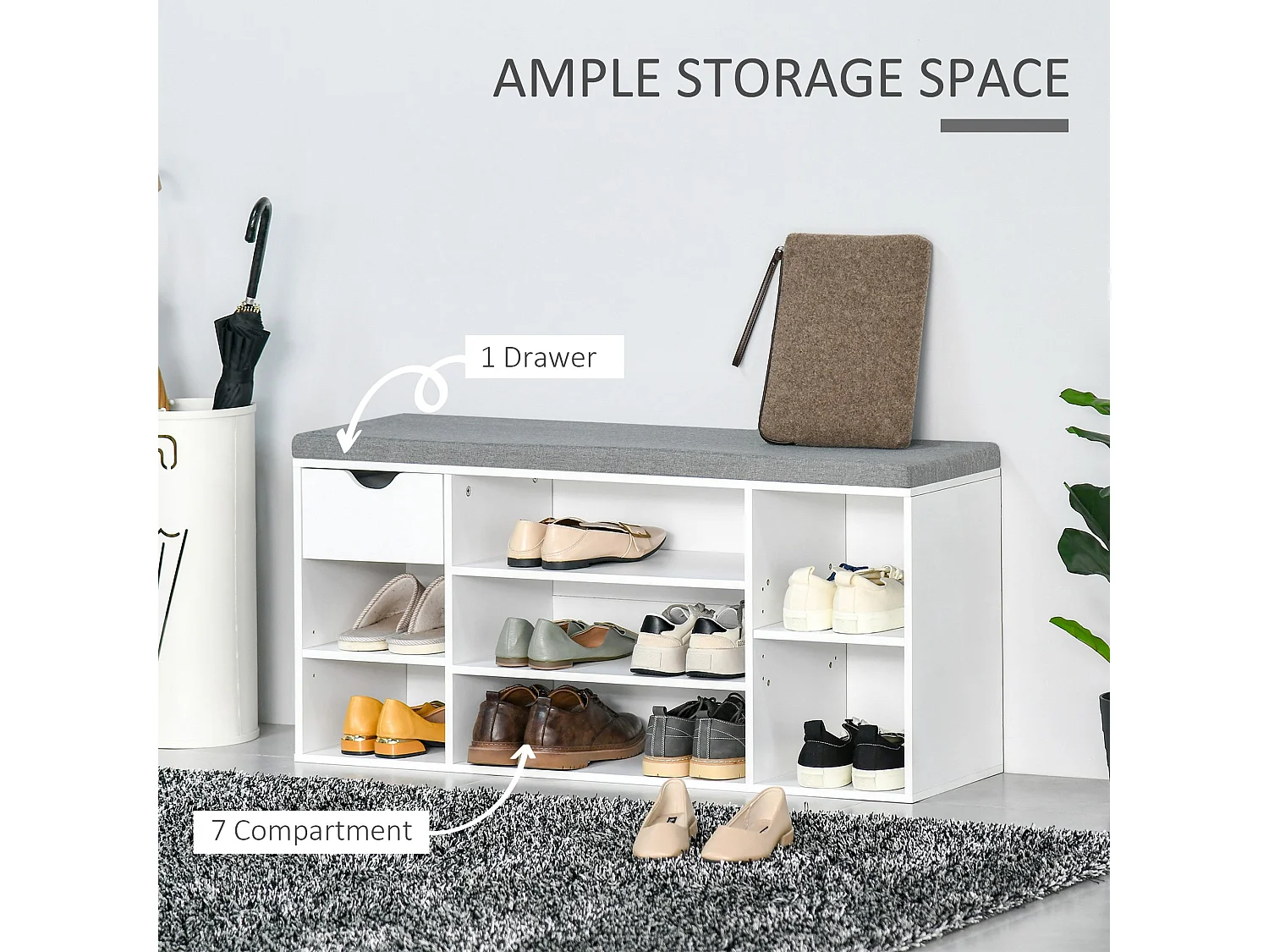 Yoke White Shoe Bench Padded Seat 1 Drawer 7 Compartments