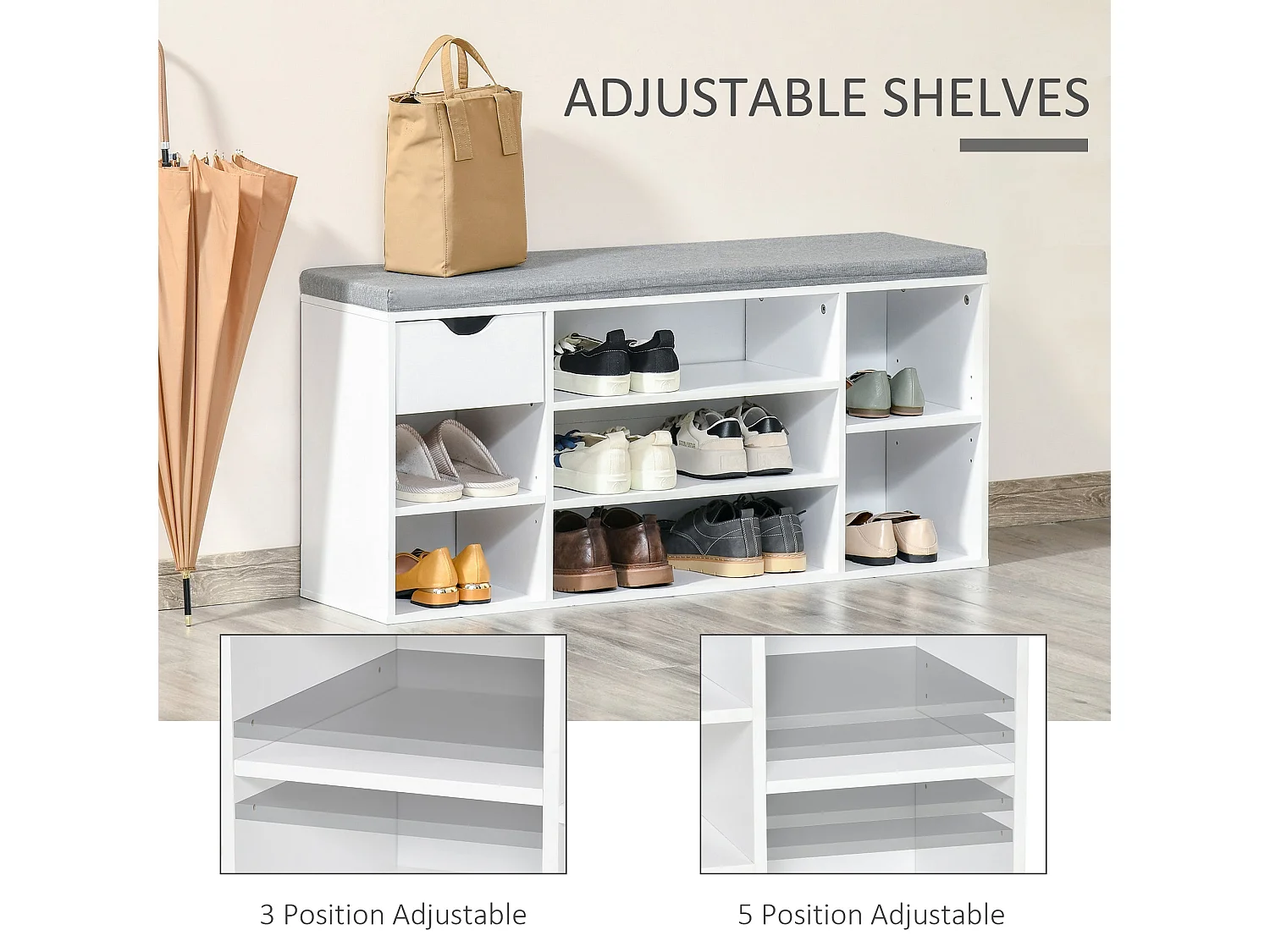 Yoke White Shoe Bench Padded Seat 1 Drawer 7 Compartments