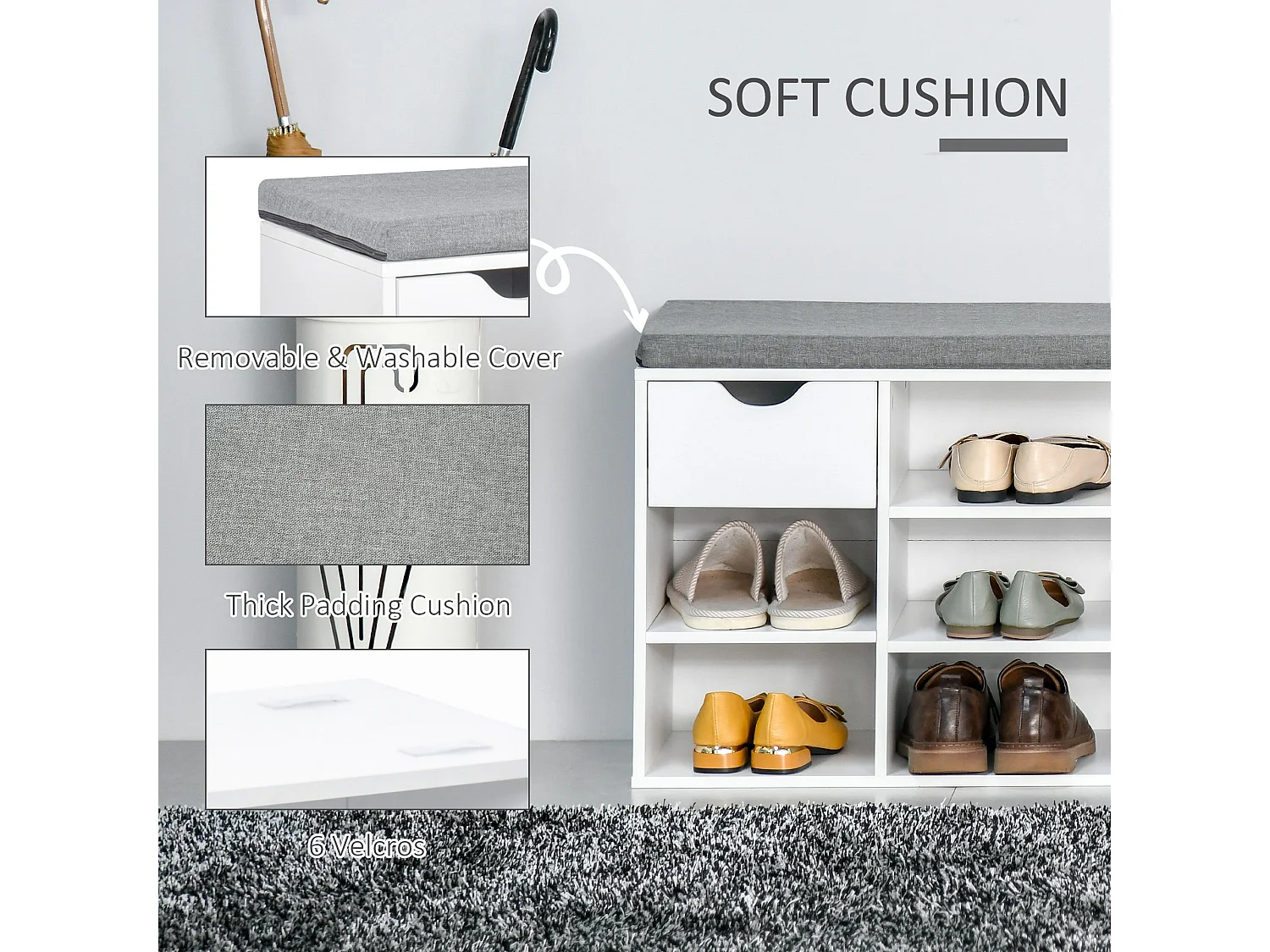 Yoke White Shoe Bench Padded Seat 1 Drawer 7 Compartments