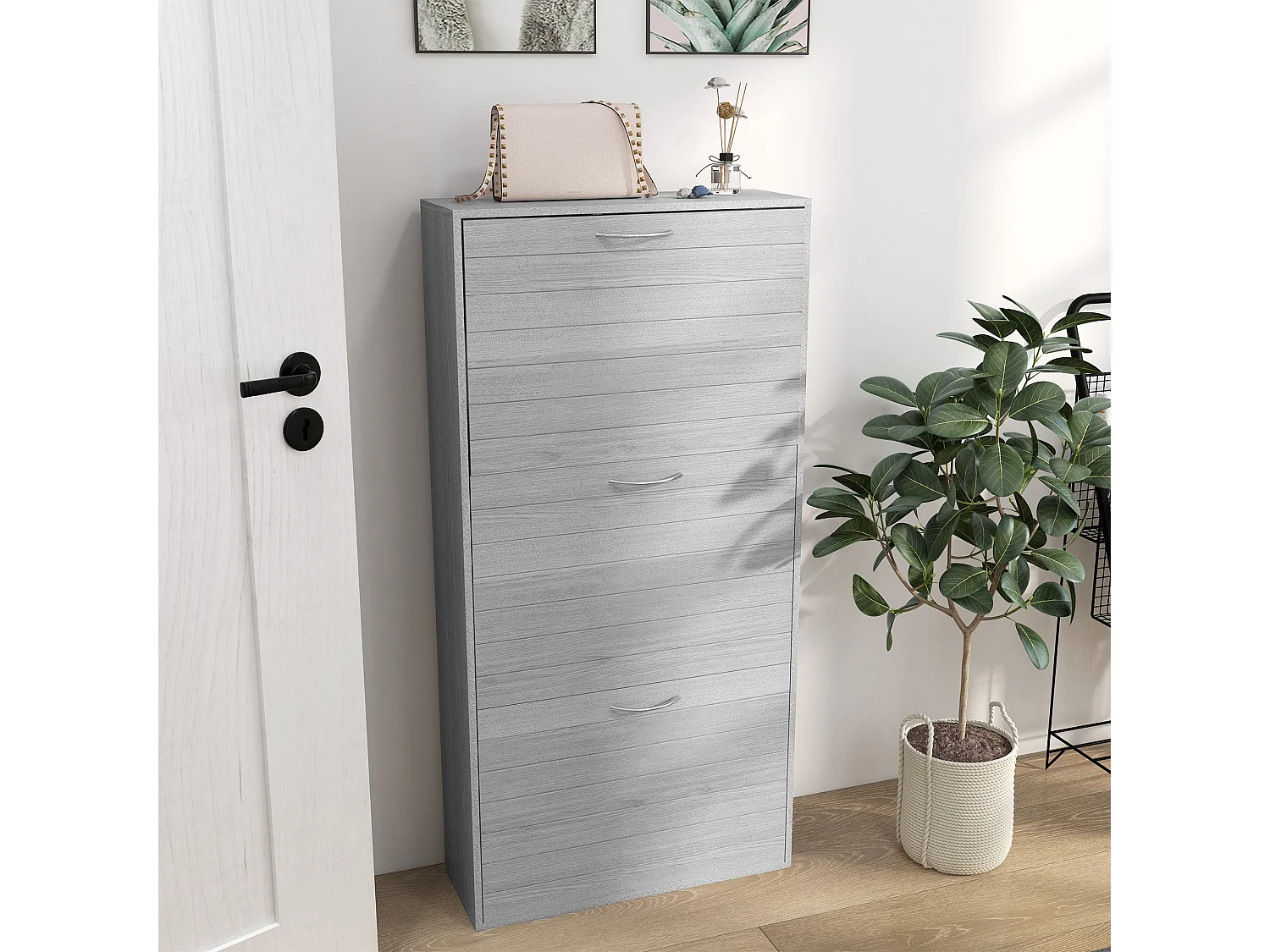 Makahi Grey Wood Effect Shoe Cabinet 3 Flip Drawers Stores up to 12 Pairs