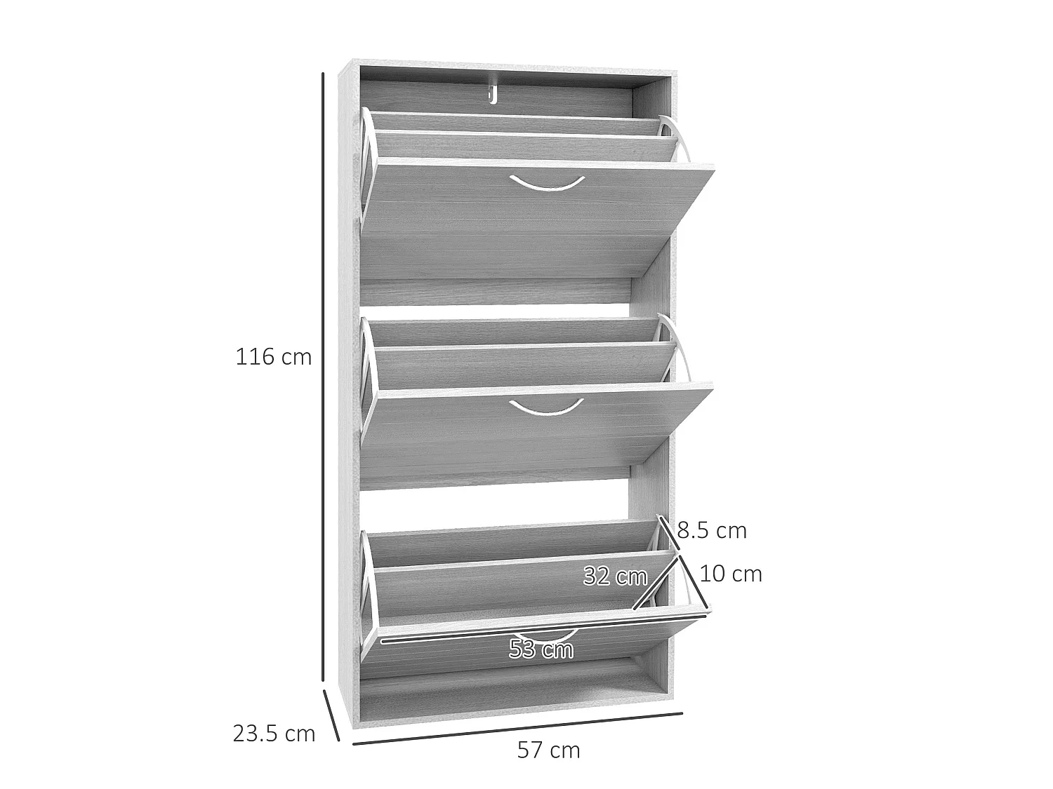 Makahi Grey Wood Effect Shoe Cabinet 3 Flip Drawers Stores up to 12 Pairs