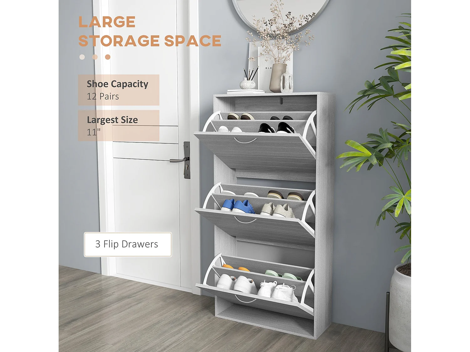 Makahi Grey Wood Effect Shoe Cabinet 3 Flip Drawers Stores up to 12 Pairs