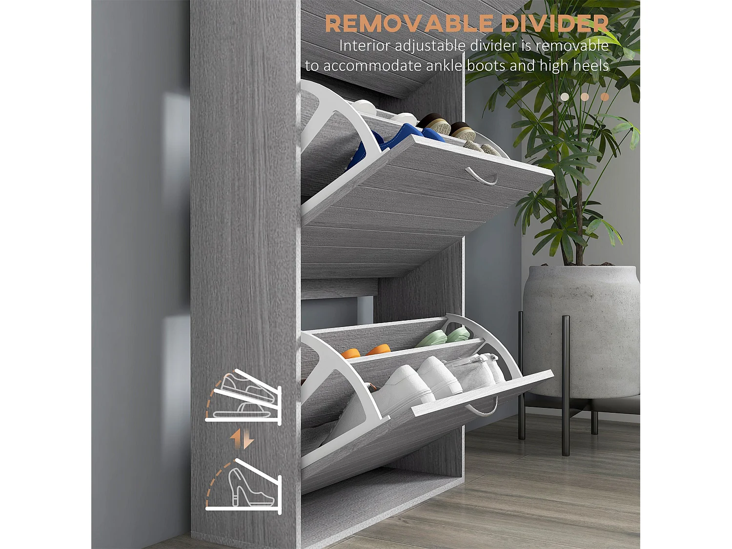 Makahi Grey Wood Effect Shoe Cabinet 3 Flip Drawers Stores up to 12 Pairs